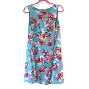 Talbots Blue Summer Dress, Casual Dress, Red Floral Pattern 8p, 100% Polyester